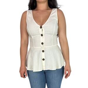 Modcloth Tan Linen Button Front Peplum Sleeveless Top